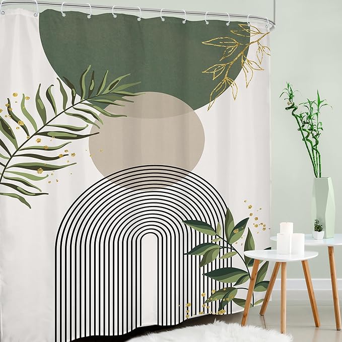 Green Boho Shower Curtain 72Wx96H Extra Long Mid Century Modern Abstract Green Gold Minimalist Leaves Sun Arch Bathroom Decor Geometric Plant Bath Curtain Fabric Polyester 12 Pack Hooks - Image 3