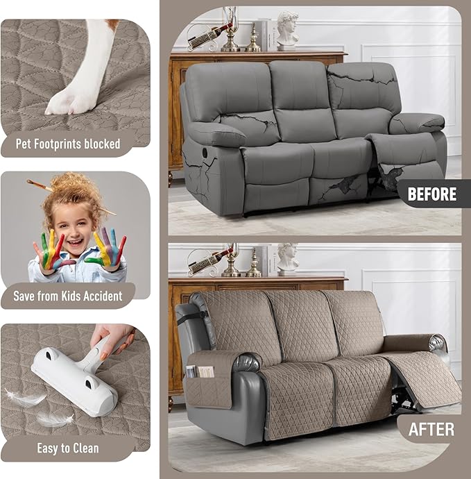 TAOCOCO 100% Waterproof Recliner Cover, Non-Slip Washable Reclining Couch Cover with Elastic Leg Straps, Furniture Protector for Dogs (Taupe, 3 Seater) - Image 2