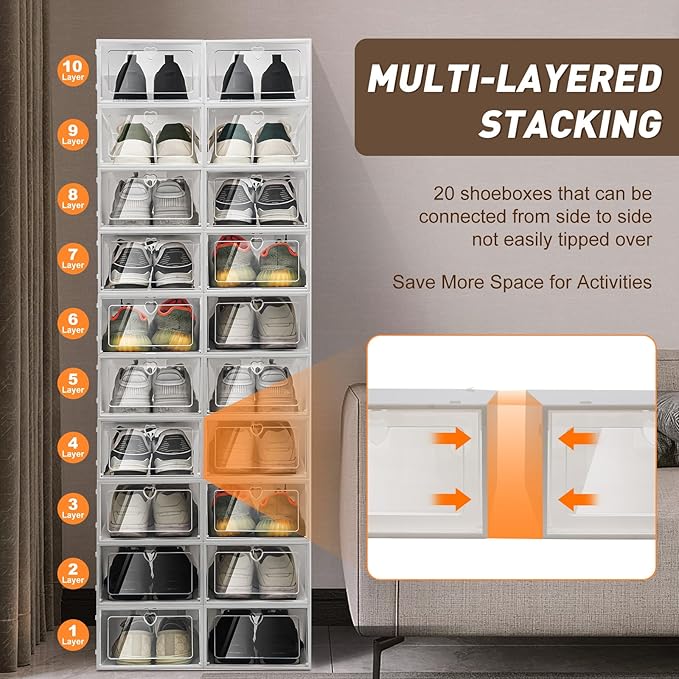 Bitodd 20Pcs Large Plastic Shoe Storage Boxes, Simple Modern Lightweight and Foldable Shoe Organizers, Easy to Access Shoe Horn for Store Flat Casual Footwear and Sneakers - Image 8