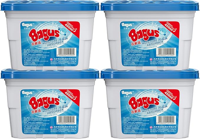 Bagus Moisture Absorbers Boxes (4 Pack) - 10.5 Oz Dehumidification Containers for Closet, Bathroom, Storage, Kitchen, Basement, Car, RV, Boat | Long-Lasting Humidity Control & Odor-Free Solution by Bagus