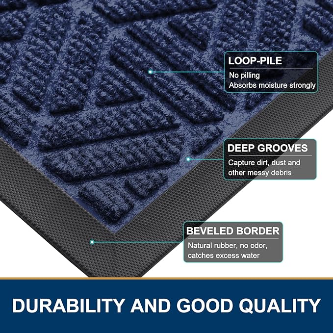 Smiry Front Door Mat Outside Entrance, Heavy Duty Sturdy Natural Rubber Doormat, Trap Dirt and Moisture, Easy Clean Low Profile Mats for Indoor Outdoor Entry, Grid Geometric (35x23, Navy Blue) - Image 4