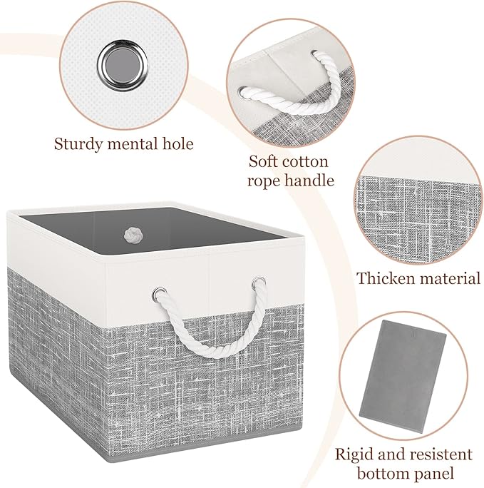 Storage Bin,Collapsible Storage Basket For Organizing,Large Storage Boxes With Rope Handles,Storage Containers,White & Grey,4 Pack - Image 3