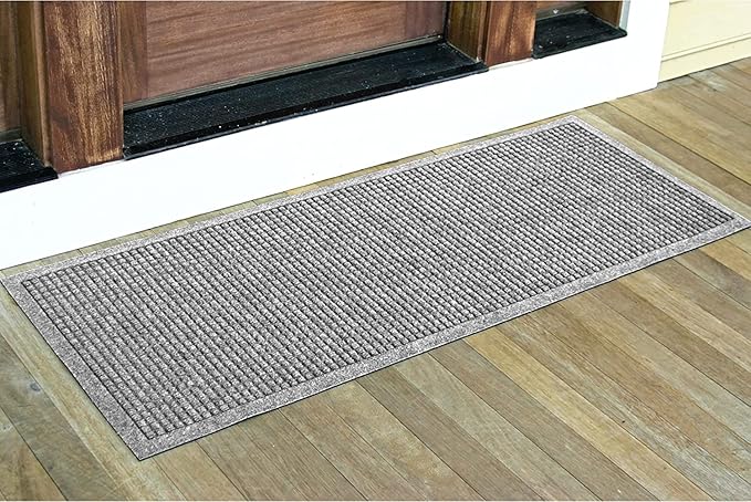 WaterHog Squares Front Door Mat Indoor Outdoor Entrance, Absorbent All-Weather Doormat with Non-Slip Rubber Backing, Dirt & Moisture Trapper, Low Profile, Easy Clean, Made in USA, 22"x60" Medium Grey - Image 2