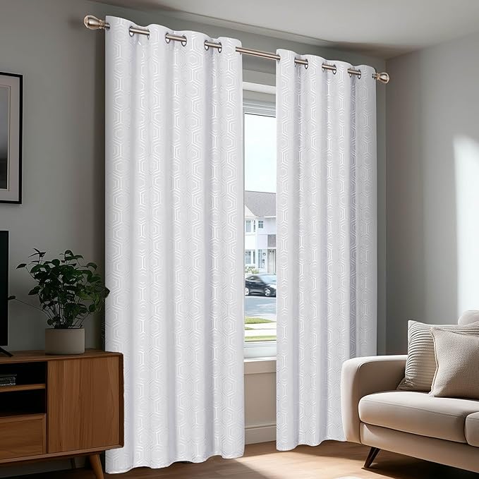 Deconovo White Curtains, Room Darkening Living Room Curtain, Thermal Insulated Soundproof Drapes, Hexagon Silver Print Pattern, 52 x 72 Inch, Grommet Panel for Bedroom Kitchen Office Nursery, Set of 2 - Image 7