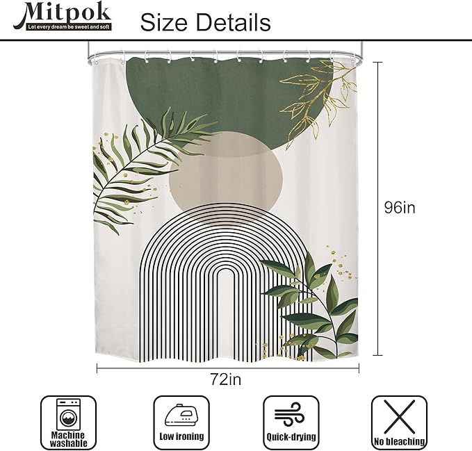 Green Boho Shower Curtain 72Wx96H Extra Long Mid Century Modern Abstract Green Gold Minimalist Leaves Sun Arch Bathroom Decor Geometric Plant Bath Curtain Fabric Polyester 12 Pack Hooks - Image 5