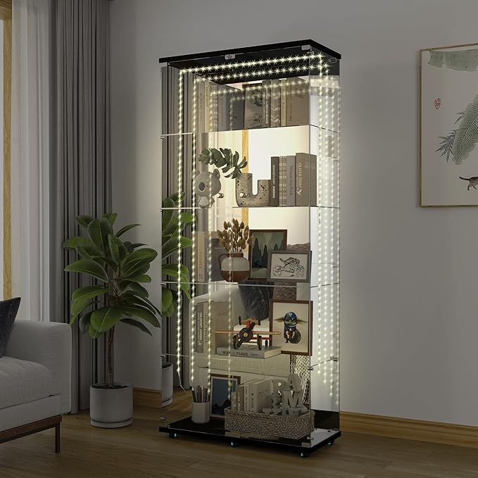Yoluckea 5 Tiers Glass Display Cabinet with Bluetooth LED Light Strip, 2 Doors Floor Standing Curio Cabinet with Universal Wheel and Mirror Back Panel, Black Glass Bookshelf for Collections, Wood Top - Image 6