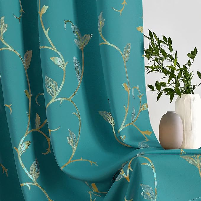 BUHUA Blackout Curtain 2 Panel Set Silver Vine Foil Print Thermal Insulated Drapes Room Darkening Curtains Grommet Window Treatment, 52 x 72 Inch, Teal Blue - Image 4