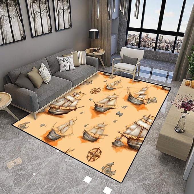 Runner, Sailboat Pattern Printing Foldable Area Rugs Fade Resistant, Flame Resistant, Quick Dry, Stain Resistant, Waterproof Floor Carpet for Living Room Bedroom, 48 x 72 Inch - Image 4