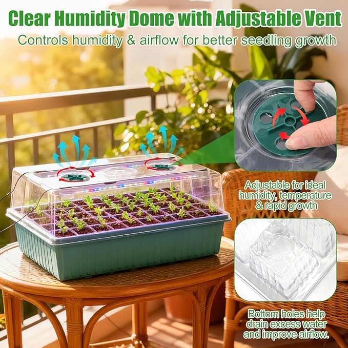 PJT Self Watering Seed Starter Tray with Grow Light & Heat Mat, 60-Cell Seed Starting Kit with 4.3” Humidity Dome for Seed Germination, Complete All-in-One Kit for Easy Seed Starting - Image 5