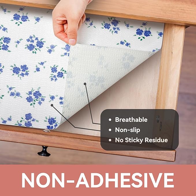 RAY STAR Shelf Liner, Non Adhesive Blue Floral Kitchen Cabinet Liner for Pantry Drawer Vanity, Strong Grip Non Slip, Shelf Liners for Cupboard 18 Inch x 8 FT (6 Rolls) Signature Delivery - Image 8