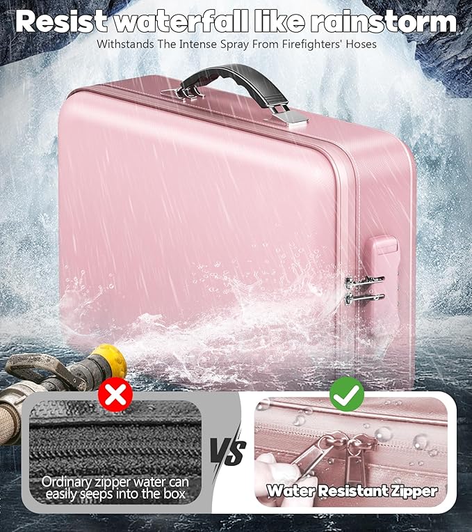 Fireproof Document Box, Hard Case Highly Flame-Resistant Fire Proof Waterproof File Organizer with Lock, Portable Fire Safe for Important Documents & Valuables Storage (Pink, ‎16"*12"*5") - Image 7