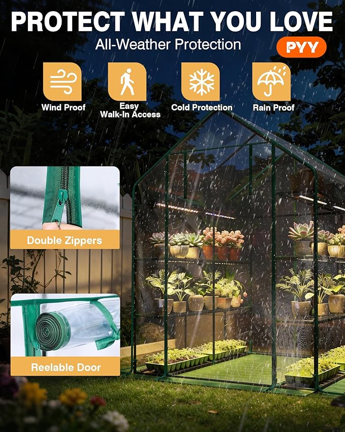 PYY Walk in Greenhouse - Indoor Greenhouse with Grow Lights, Roll-Up Zipper Entry Door and PVC Cover, 3 Modes Light with Loop Timer for 24 H, Plant Garden Hot House for Outdoor(56.3"L×56.3"W×76.8"D) - Image 2