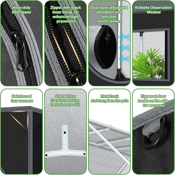 Grow Tent 120"x120"x78" Grow Tents Plant Tent 600D Mylar Reflective Grow Tent for Hydroponics Indoor Growing with Observation Window and Waterproof Floor Tray 10x10 - Image 3