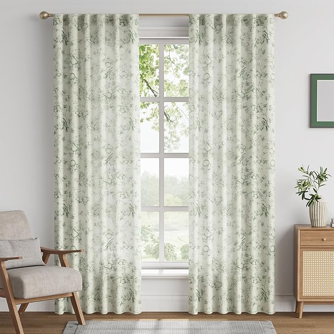 jinchan Linen Floral Curtains for Living Room 84 Inch Long Sage Green Printed Flower French Country Curtain Farmhouse Cottage Core Toile Curtains Back Tab Light Filtering Window Drapes Set 2 Panels - Image 2