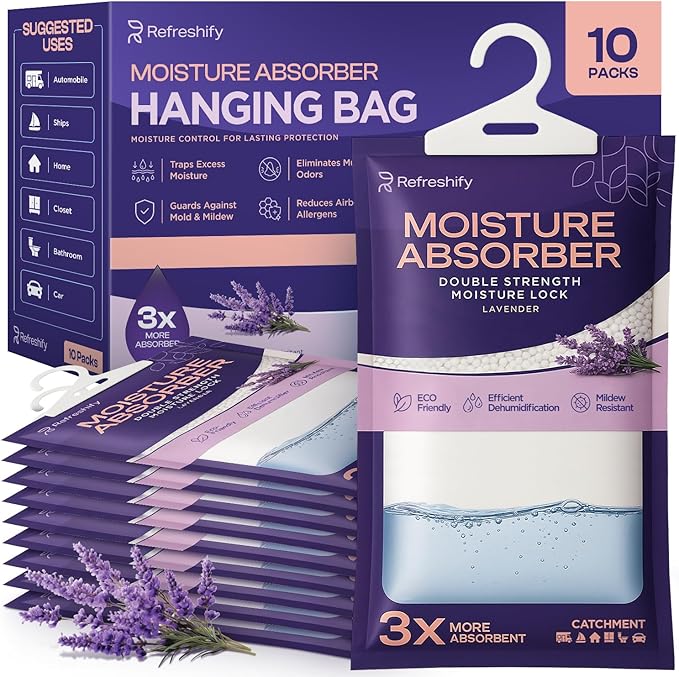 Moisture Absorbers and Humidity Absorber Bags for Closet - 10 Pack High-Efficiency Moisture Absorber and Humidity Packs for Home, Moisture Bags and Dehumidifier Bags for Car Lavender, 10 Pack by AllSettHealth