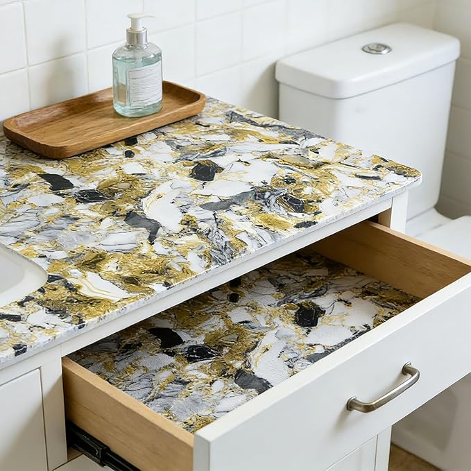 Drawer and Shelf Liner - Yellow Black Marble Pattern,Non Adhesive Non Slip Waterproof Easy-Clean Liner for Kitchen Cabinet, Refrigerator, Bathroom, Pantry Storage Drawers, 17 in x 30 Ft - Image 8