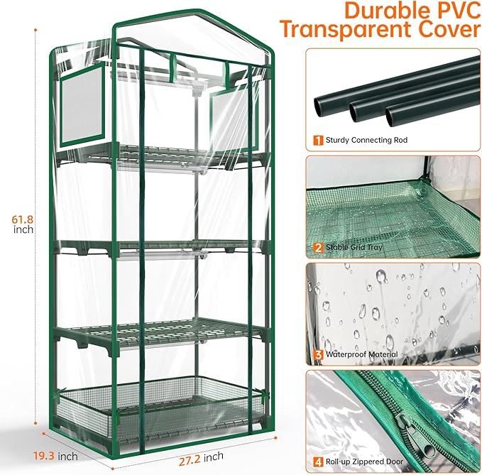 Bstrip Indoor Greenhouse with Grow Lights, PVC Tent with Waterproof Base Mat, Airflow Windows&Zippered Door, 4Pcs Grow Lights for Seed Starting with Timer, 4-Tier Greenhouse Shelf 27.2x19.3x61.8in - Image 8
