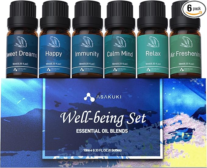 ASAKUKI Essential Oil Blends, Essential Oils for Diffusers for Home, Well-Being Kit- Calm Mind, Sweet Dreams, Happy, Relax, Air Freshening, Immunity for Aromatherapy, Humidifiers, Massage, 6x10ml by ASAKUKI