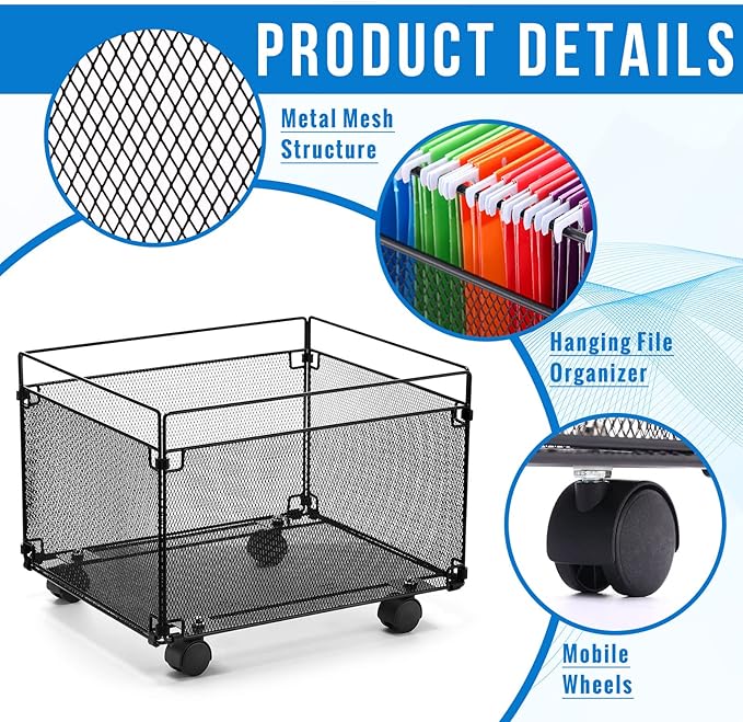 Harloon 2 Pack Mesh Rolling File Carts with Wheels Hanging Files Metal File Crate Organizer Black Rolling Organizer Foldable Storage Cart Box for Folders Office Supplies, Black, 15" x 13" x 10" - Image 4