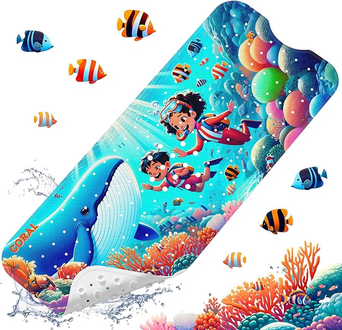 XIYUNTE Baby Bath Mat for Tub Non Slip Kids Bath Mat - 40''x16'' Extra Long Cartoon Coral Baby Bath Tub Mat Eco-Friendly Toddler Bath Mats with Suction Cups & Drain Holes Easy to Clean & Easy Drying by XIYUNTE