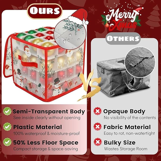Christmas Bauble and Decoration Storage Cube with Dividers for 64 Balls - Christmas Ornament Storage Box | Folding 4 Layer Holder with DualZipper & Handles | Holiday Decor Organizing Container Bin - Image 2