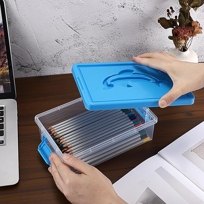 BTSKY 1-Pack Clear Plastic Storage Box with Lid, Stackable Organizer Featuring Easy-Lift Dolphin Design, Multi-Use Portable Container for Home, Craft, Office, Space-Saving with Secure-Clasp, Blue - Image 6