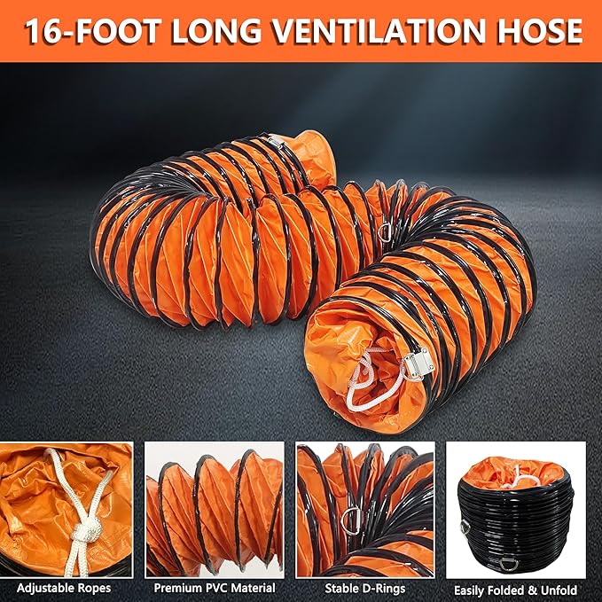 12 Inch Utility Blower Fan 2300CFM Industrial Portable Exhaust Fan with 16.4Ft Duct Hose, 3420 r/min High Velocity Ventilation Extraction and Ventilation Fan - Image 5