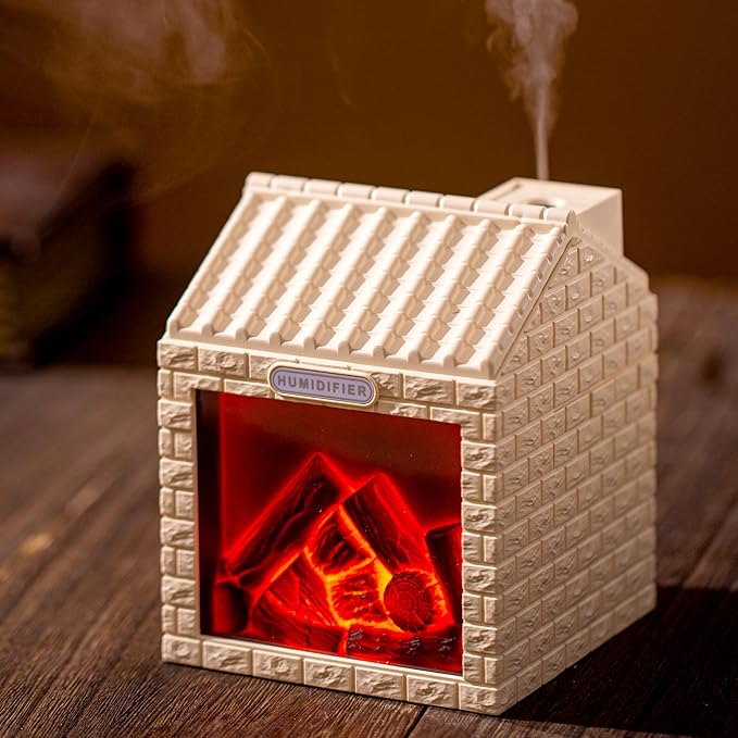 Mini Fireplace Cool Mist Humidifier with Flame Light, USB Powered, Auto Shut-Off, Portable for Bedroom Office Travel, 200ml, Beige by Daileeby