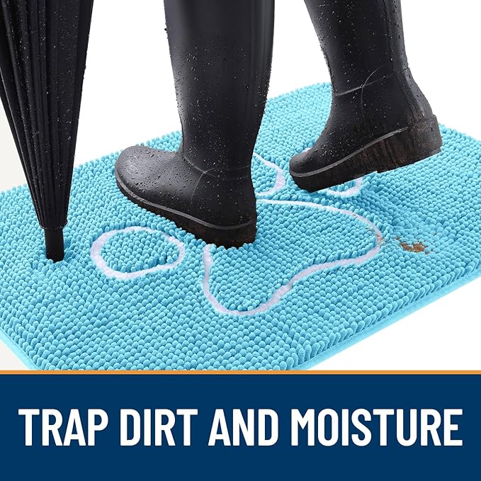 OLANLY Dog Door Mat for Muddy Paws 59x35, Paw Print Design, Absorbs Moisture and Dirt, Absorbent Non-Slip Washable Doormat, Quick Dry Chenille Mud Mat for Dogs, Entry Indoor Entryway Carpet, Blue - Image 2