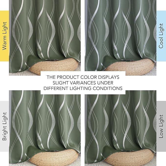 NICETOWN 100% Blackout Greyish Green Blackout Curtain Panels for Bedroom 72 inch Long, Thermal Insulated Wave Line Foil Print Design Drapes for Patio Sliding Glass Door, 52" x 72", 2 Panels - Image 8