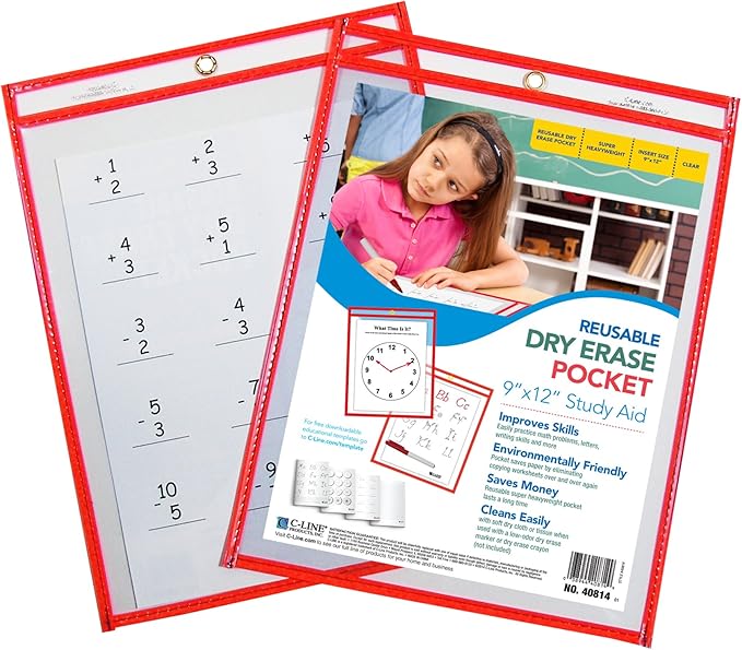C-Line Reusable Dry Erase Pockets, 9 x 12 Inches, Red(40814-30) - Image 3