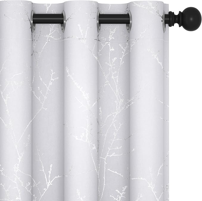 Deconovo Greyish White Curtains, Room Darkening Curtain, Thermal Insulated Soundproof Drapes, Silver Branch Print, 42 x 54 Inch Long, Grommet Window Panels for Living Room Bedroom Kitchen, Set of 2 by Deconovo