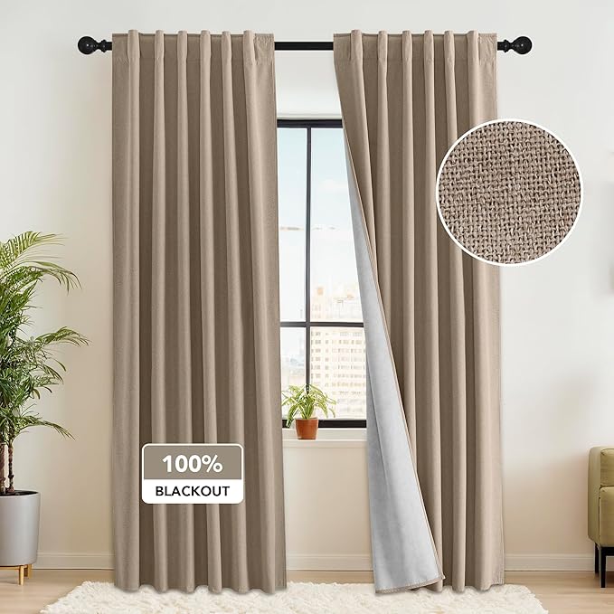 RYB HOME 100% Blackout Flax Linen Curtains 90 Inch Long, Light Block and Thermal Insulated Drapes, Total Blackout Curtains for Living Room/Bedroom/Nursery, 2 Panels, 52 Inch Wide, Mocha by RYBHOME