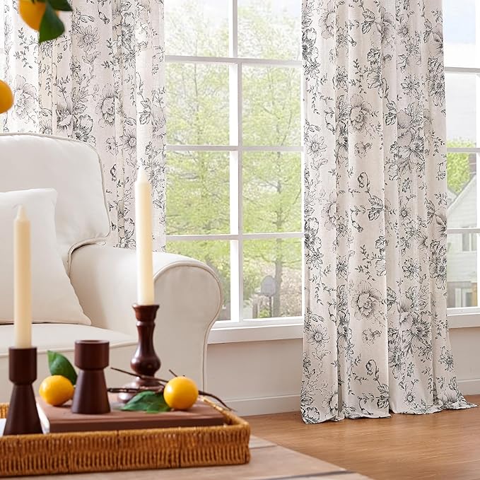 jinchan Linen Blend Curtain Floral Curtains for Living Room 96 Inch Length Black Printed Curtain Back Tab Farmhouse Peony Flower Patterned Drapes Bedroom Window Curtains Set 2 Panels - Image 8