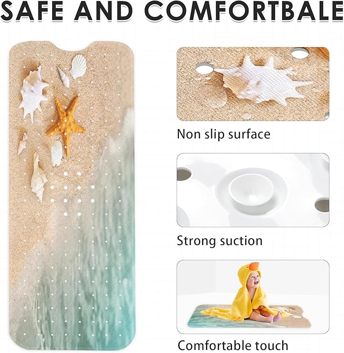 Starfish Summer Beach Bath Mat Non Slip, Sea Shell Ocean Fish 40 X 16 Inch Extra Long Bathtub Shower Mat for Tub Anti Slip with Suction Cups and Drain Holes for Kids Adults Elderly - Image 4