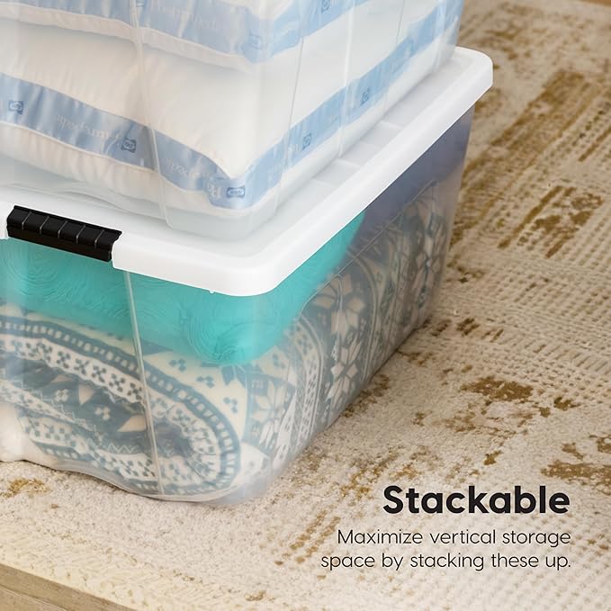 IRIS USA 94 Qt Stackable Plastic Storage Bins with Lids, 4 Pack - BPA-Free, Made in USA - See-Through Organizing Solution, Latches, Durable Nestable Containers, Secure Pull Handle - Clear/White - Image 6