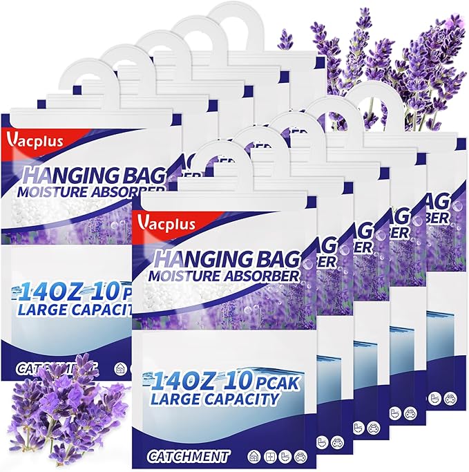 Vacplus Moisture Absorbers, Hanging Closet Dehumidifier Bags, Humidity Packs, Desiccant, Closet Dehumidifiers with Lavender Fragrance, 10 Pack, 14.0 OZ by Vacplus