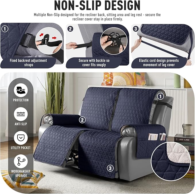 TAOCOCO 100% Waterproof Recliner Cover, Non-Slip Washable Reclining Couch Cover with Elastic Leg Straps, Furniture Protector for Dogs (Dark Blue, 2 Seater) - Image 5