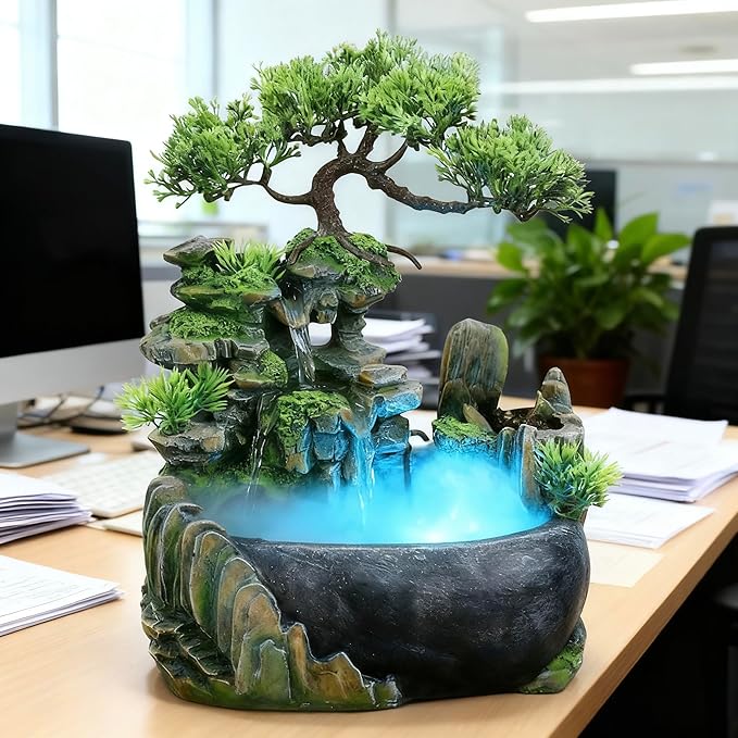 Tabletop Rockery Fountain Indoor Waterfall Bonsai Desktop Mini Rockery Water Fountain with Automatic Pump and LED Light, Home Office Bedroom Humidifier Desk Decorate (Style 1) - Image 6