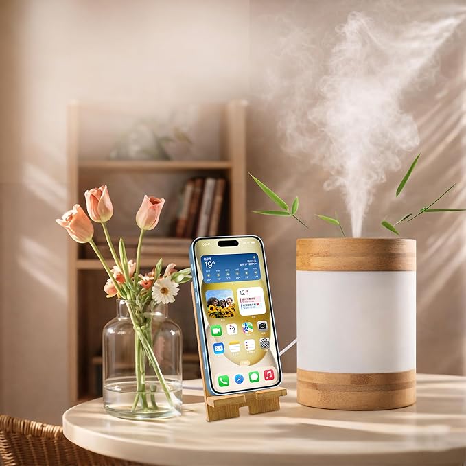 Bamboo Ultrasonic Cool Mist Humidifier with Phone Stand, 400ml Quiet Desktop Mini Humidifier with Dual LED Night Light, USB-C Powered, Auto Shut-Off for Bedroom, Office & Home by Unknown