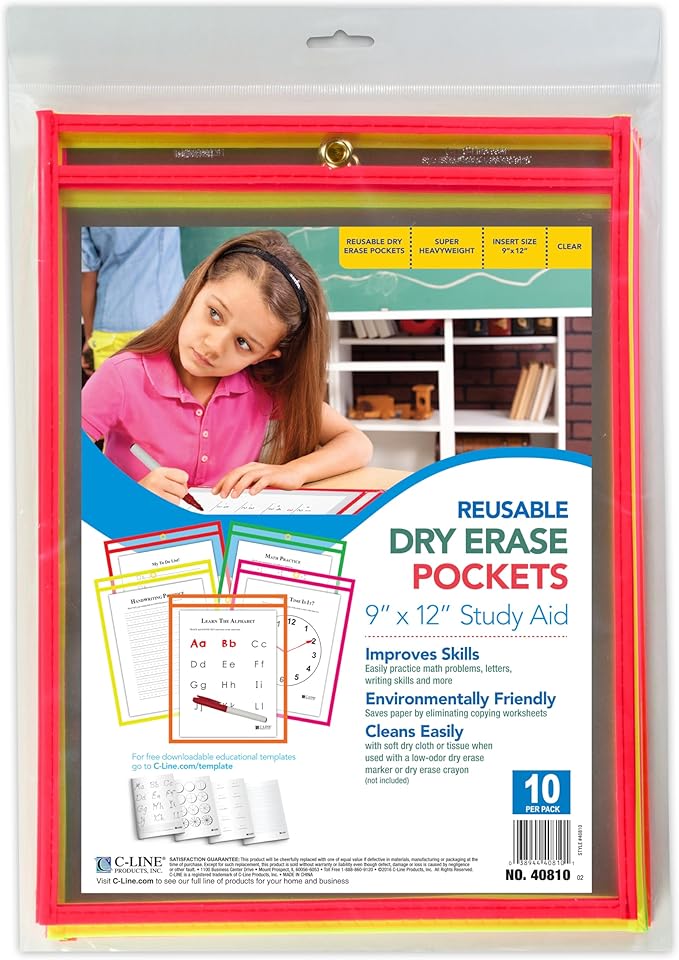 C-Line Reusable Dry Erase Pockets, 9 x 12 Inches, Assorted Neon Colors, 10 Pockets per Pack (40810) - Image 3