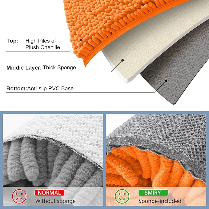 Smiry Luxury Chenille Bathroom Rugs 24x16, Extra Soft and Absorbent Shaggy Bath Mat, Machine Washable, Non-Slip Plush Carpet Runner for Tub, Shower, and Floor, Home Decor Accessories, Orange - Image 5