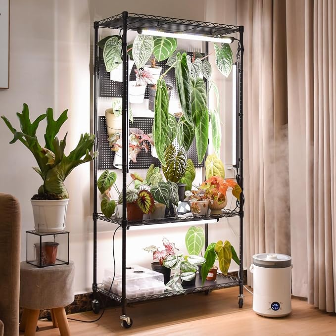 Bstrip Plant Cabinet with Pegboard, 3 Tier Plant Shelf with Grow Light, Metal Plant Stand with 4 Pack 96W Grow Lights for Indoor Plant, Foliage Plants, Seed Starting, 29.5"x13.8"x59" by Bstrip
