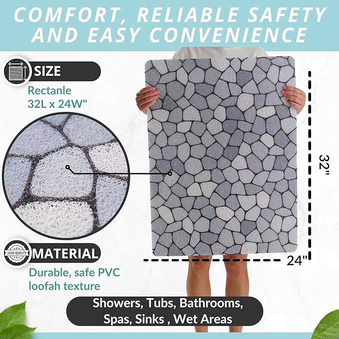 Enkosi Loofah Non-Slip Shower Mat - Shower Floors, Bathtub, Bathrooms, Wet Areas - Cushioned Bath Mat with Drain Holes - Quick Dry PVC, Secure Safety Pad Without Suction Cups (32x24 Pebble Blue) - Image 3