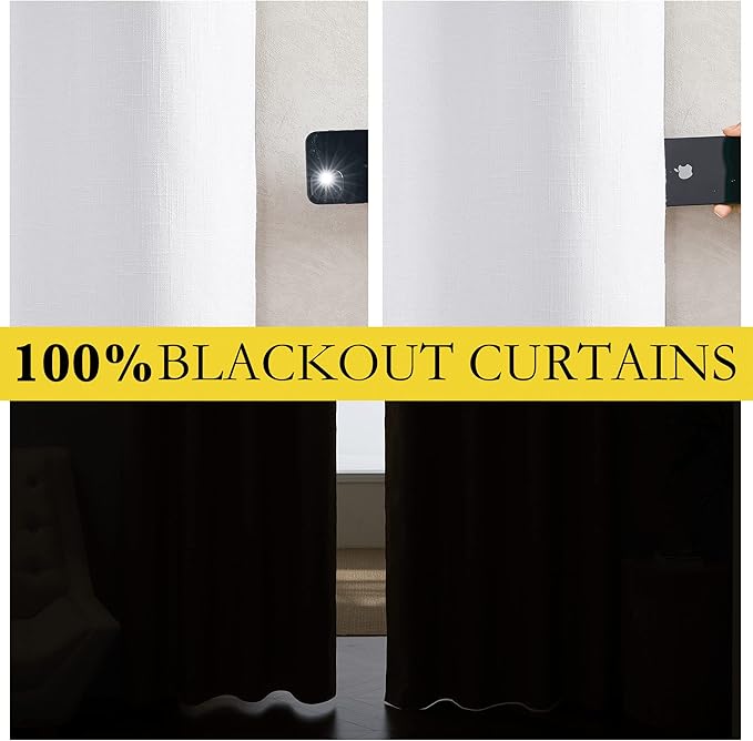 NICETOWN 100% Absolutely Blackout Linen Curtains with Thermal Insulated White Liner, White, 52 inches Wide, 102 inches Length Energy Saving Curtains for Living Room 2 Panels Set, Vertical Blinds - Image 2