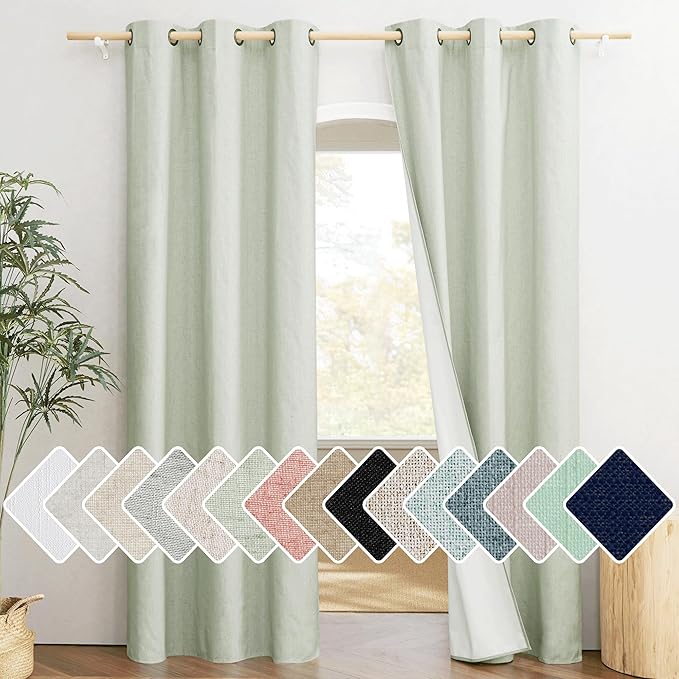NICETOWN Sage Green 100% Blackout Linen Texture Curtains 84 inches Long 2 Panels for Boy's Room, Thermal Insulated Full Blackout 2-Layer Lined Cold Reducing Drapes, Energy Efficiency Window Draperies by NICETOWN