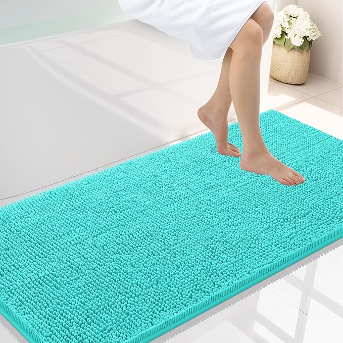 Smiry Luxury Chenille Bathroom Rugs 47x24, Extra Soft and Absorbent Shaggy Bath Mat, Machine Washable, Non-Slip Plush Carpet Runner for Tub, Shower, and Floor, Home Decor Accessories, Turquoise by Smiry