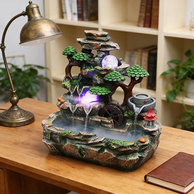Creative Tabletop Water Fountain with LED Light & Atomizer, Indoor Waterfall Home Decor Best Festival Birthday Gift for/Boys, 10Inch Desktop Small Mini Size, Stream Rock Cavern Falls Bonsai - Image 6
