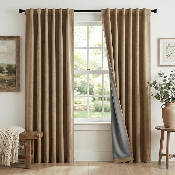 RYB HOME Linen Textured 100% Blackout Curtains for Bedroom, Insulating Energy Saving Window Curtains for Living Room Dining Patio Sliding Glass Door, Wide 52 x Long 96 inch, Burlap, 2 Panels by RYBHOME