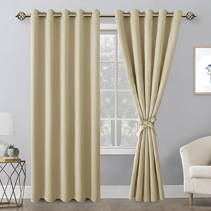 Hiasan Blackout Curtains for Bedroom, 60 x 84 Inches Long - Thermal Insulated & Light Blocking Window Curtains for Living Room, 2 Drape Panels Sewn with Tiebacks, Light Beige - Image 2